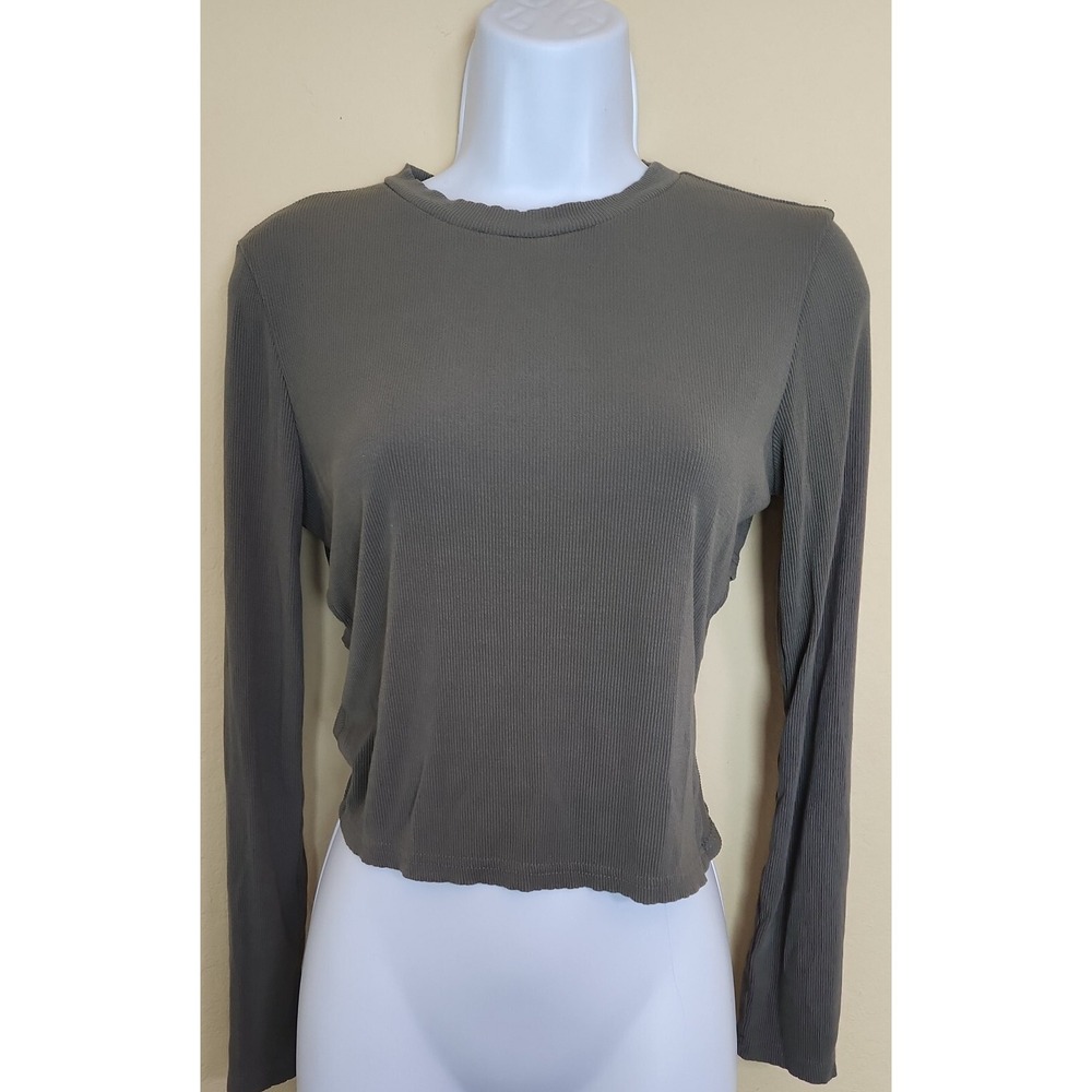 Illa Illa Olive‎ Green Ribbed Long Sleeve Twist Back Cutout Crop Top Large T4873